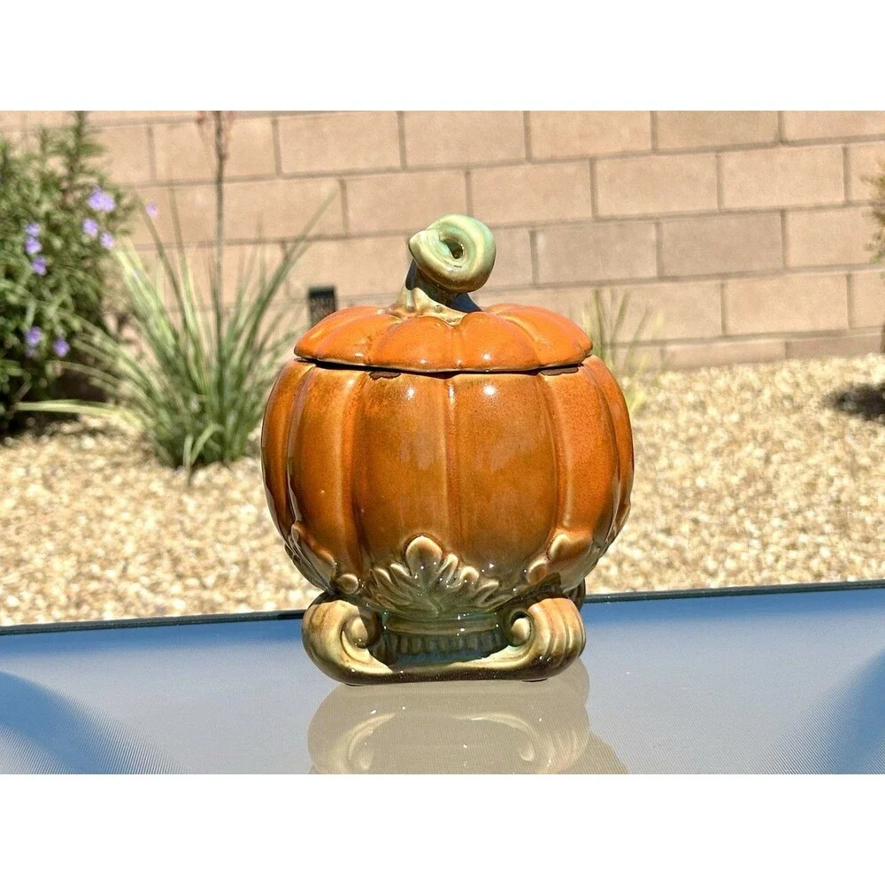 Pumpkin Ceramic Cookie Candy Jar Autumn Fall Halloween w/ Lid Orange Green Stem